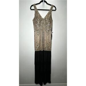 NWT Sue Wong Beaded Gold Mesh Top Black Fringe Bottom Evening Dress 8